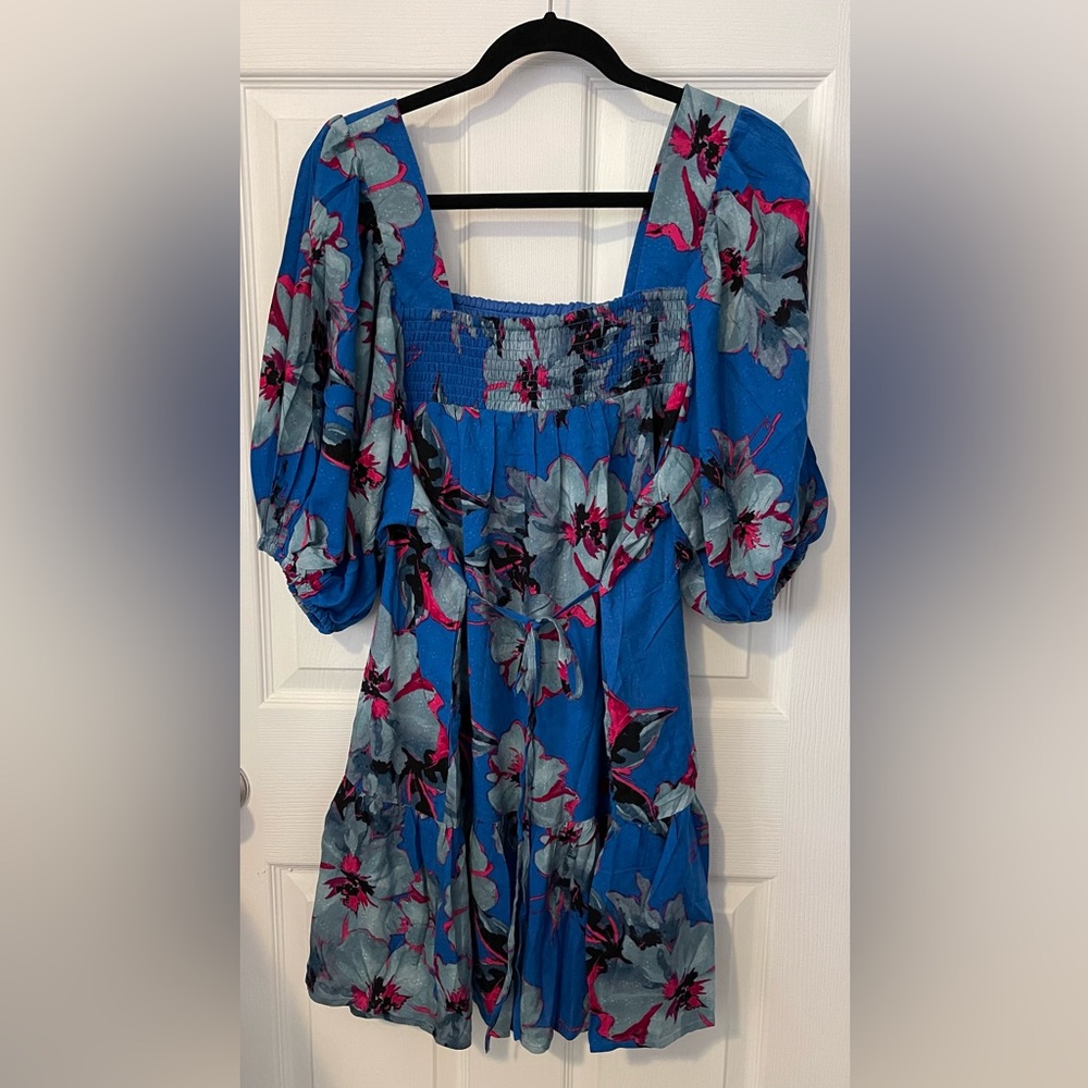 💐BAND OF THE FREE Blue Boho Floral Square Neck Flare Mini Dress Size M